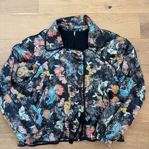 Free People Black Jacquard Floral Satin Boho Bomber Zip Jacket Size Large